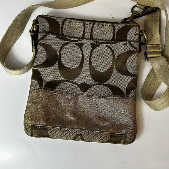Coach Tan Brown Signature Canvas Champagne Gold Stripe Small Crossbody Bag - Picture 6 of 13